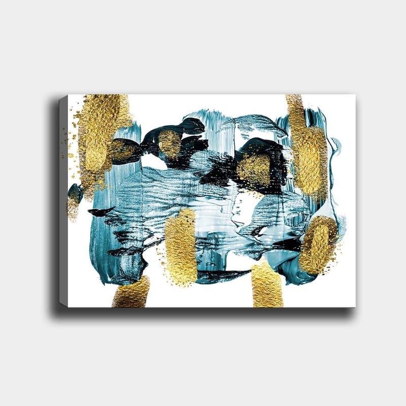 Canvas taulu 70x100 cm - Abstrakti sommitelma, jossa sinisen ja kullanväriset elementit luovat dynaamisen tunnelman, Tummansininen / Kulta / Vaaleansininen