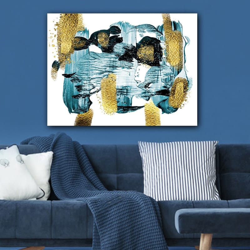 Canvas taulu 70x100 cm - Abstrakti sommitelma, jossa sinisen ja kullanväriset elementit luovat dynaamisen tunnelman - Tummansininen / Kulta / Vaaleansininen - Sisustustuotteet - Taulu & taide - Canvas-taulu