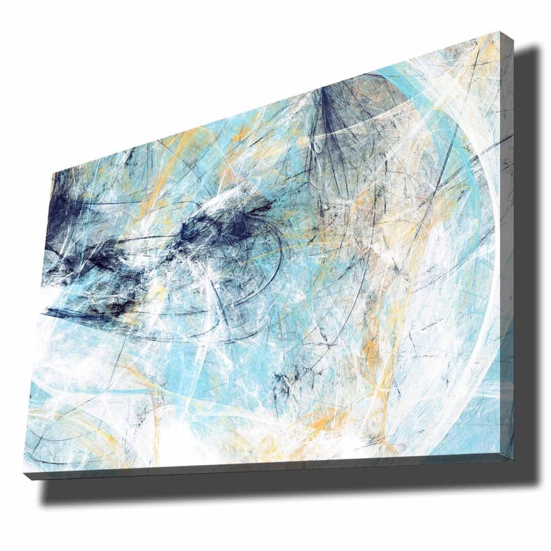 Canvas taulu 70x100 cm - Abstrakti sommitelma, jossa sinisen ja vaalean sävyiset elementit luovat liikkeen tunteen, Sininen / Valkoinen / Vaaleankeltainen