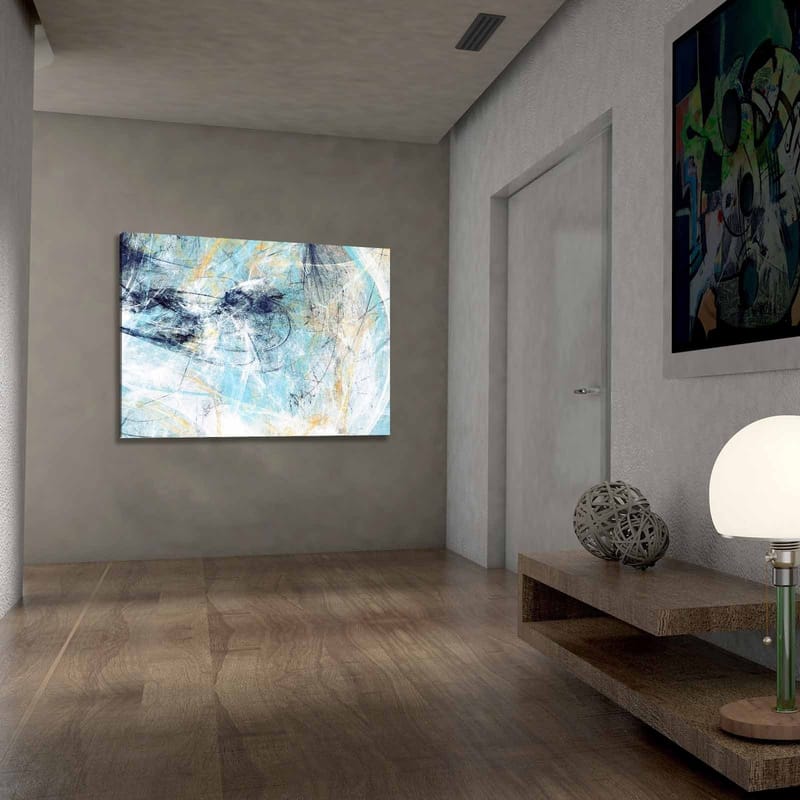 Canvas taulu 70x100 cm - Abstrakti sommitelma, jossa sinisen ja vaalean sävyiset elementit luovat liikkeen tunteen - Sininen / Valkoinen / Vaaleankeltainen - Sisustustuotteet - Taulu & taide - Canvas-taulu