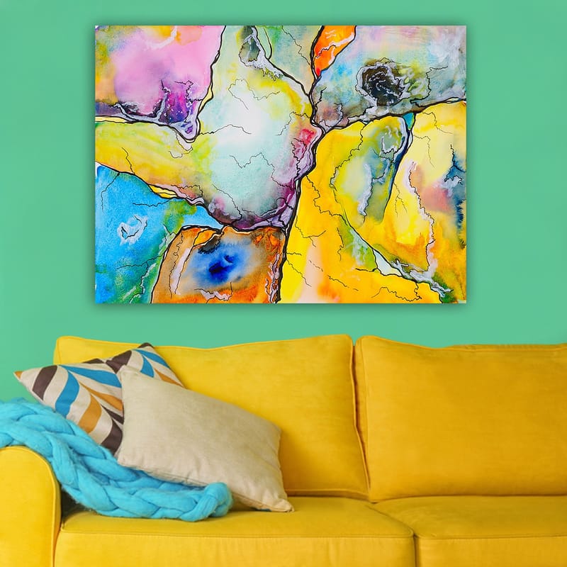 Canvas taulu 70x100 cm - Abstrakti sommitelma, jossa värikkäät muodot muodostavat harmonisia kuvioita - Keltainen / Sininen / Vaaleanpunainen - Sisustustuotteet - Taulu & taide - Canvas-taulu