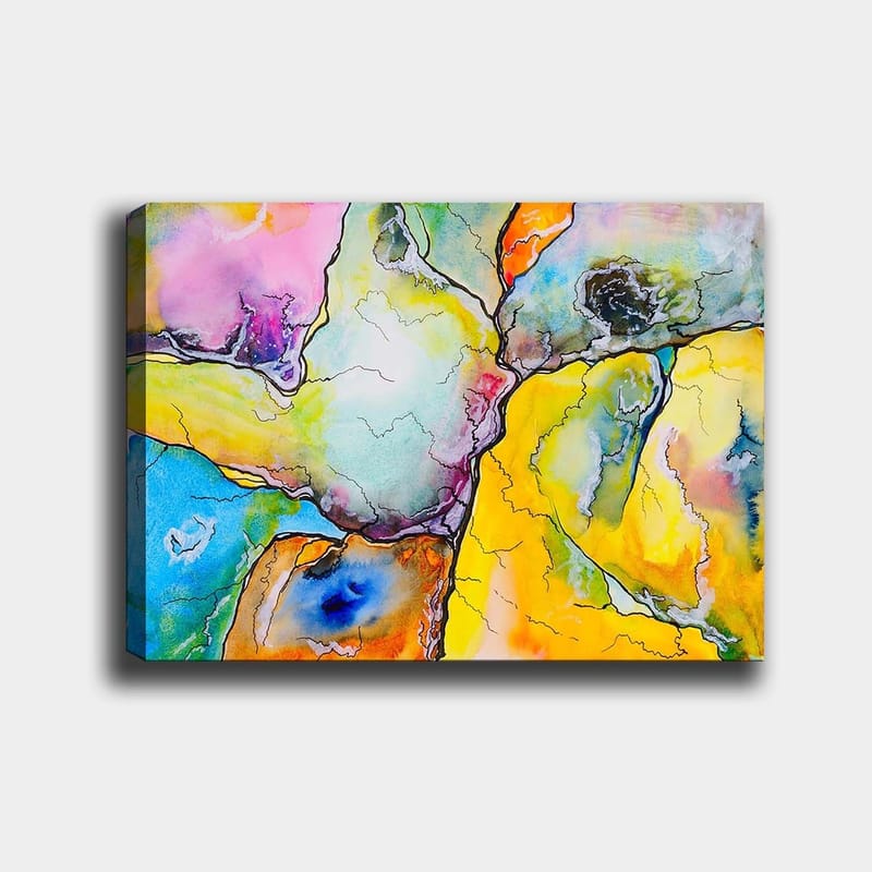 Canvas taulu 70x100 cm - Abstrakti sommitelma, jossa värikkäät muodot muodostavat harmonisia kuvioita, Keltainen / Sininen / Vaaleanpunainen