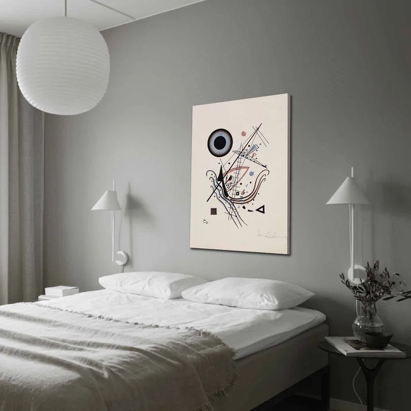 Canvas taulu 70x100 cm - Abstrakti sommitelma, jossa ympyröitä ja viivoja on harmonisessa tasapainossa, Musta / Punainen / Sininen