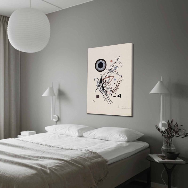 Canvas taulu 70x100 cm - Abstrakti sommitelma, jossa ympyröitä ja viivoja on harmonisessa tasapainossa, Musta / Punainen / Sininen