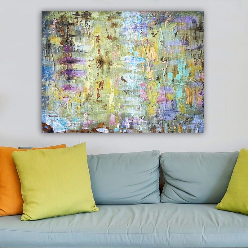 Canvas taulu 70x100 cm - Abstrakti sommitelma, jossa pehmeät värisiirtymät ja tekstuurit luovat unenomaisen tunnelman - Vaaleanvihreä / Violetti / Beige - Sisustustuotteet - Taulu & taide - Canvas-taulu