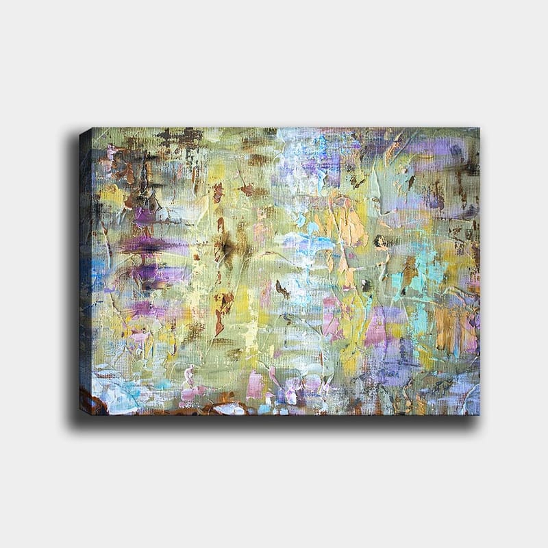 Canvas taulu 70x100 cm - Abstrakti sommitelma, jossa pehmeät värisiirtymät ja tekstuurit luovat unenomaisen tunnelman, Vaaleanvihreä / Violetti / Beige