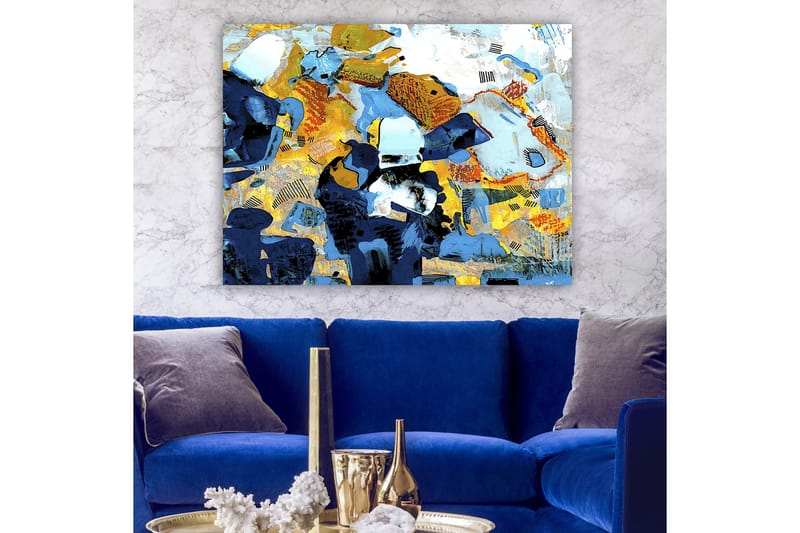 Canvas taulu 70x100 cm - Abstrakti sommitelma dynaamisilla muodoilla ja väreillä, jotka luovat eloisan tunnelman - Tummansininen / Vaaleansininen / Keltainen - Sisustustuotteet - Taulu & taide - Canvas-taulu