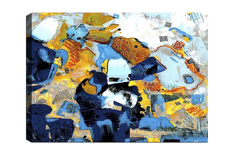 Canvas taulu 70x100 cm - Abstrakti sommitelma dynaamisilla muodoilla ja väreillä, jotka luovat eloisan tunnelman, Tummansininen / Vaaleansininen / Keltainen