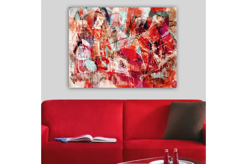 Canvas taulu 70x100 cm - Abstrakti sommitelma dynaamisilla muodoilla ja voimakkailla väreillä, Punainen / Turkoosi / Beige