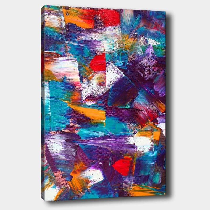 Canvas taulu 70x100 cm - Abstrakti sommitelma dynaamisilla värikentillä ja tekstuureilla, Turkoosi / Violetti / Punainen