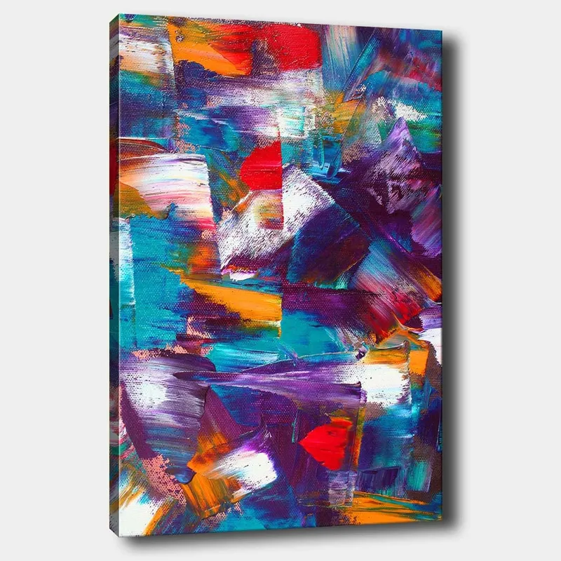 Canvas taulu 70x100 cm - Abstrakti sommitelma dynaamisilla värikentillä ja tekstuureilla, Turkoosi / Violetti / Punainen