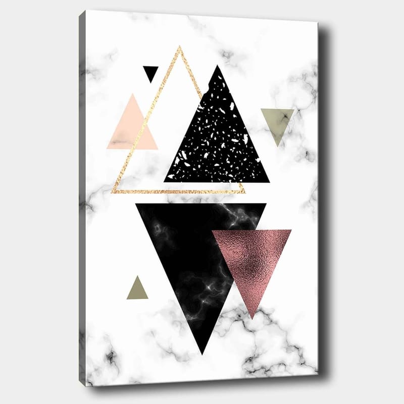Canvas taulu 70x100 cm - Abstrakti sommitelma eri muotoisista ja värisistä kolmioista, Musta / Vaaleanpunainen / Kulta