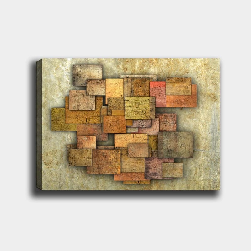 Canvas taulu 70x100 cm - Abstrakti sommitelma eri sävyisistä puulaudoista, jotka luovat dynaamisen rakenteen, Kultainen ruskea / oranssi / beige