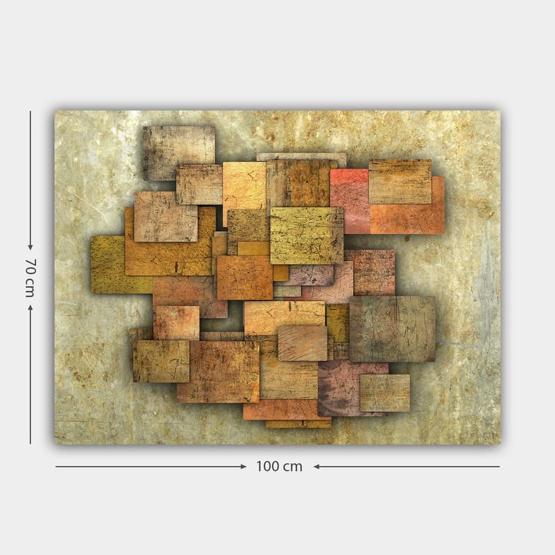 Canvas taulu 70x100 cm - Abstrakti sommitelma eri sävyisistä puulaudoista, jotka luovat dynaamisen rakenteen - Kultainen ruskea / oranssi / beige - Sisustustuotteet - Taulu & taide - Canvas-taulu