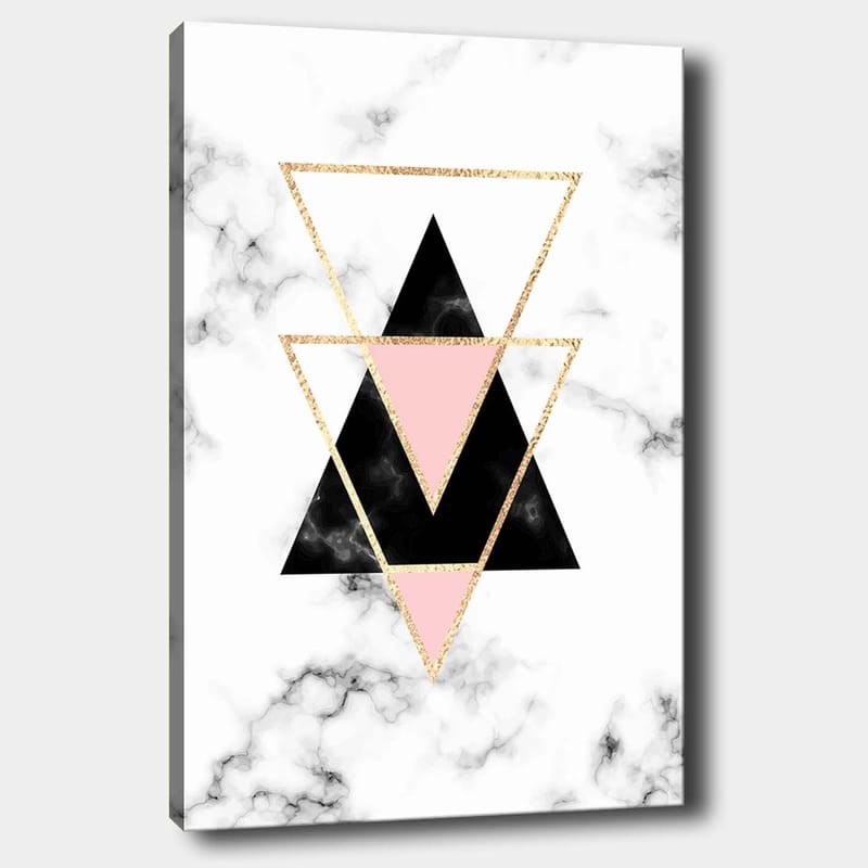 Canvas taulu 70x100 cm - Abstrakti sommitelma eri väreistä ja muodoista koostuvista kolmioista, Musta / Vaaleanpunainen / Kulta