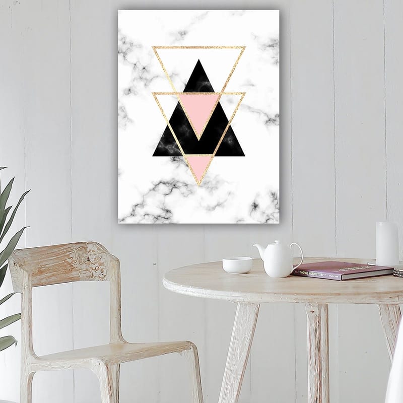 Canvas taulu 70x100 cm - Abstrakti sommitelma eri väreistä ja muodoista koostuvista kolmioista - Musta / Vaaleanpunainen / Kulta - Sisustustuotteet - Taulu & taide - Canvas-taulu