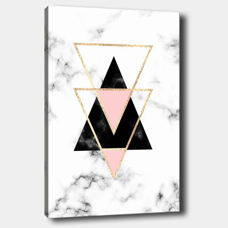 Canvas taulu 70x100 cm - Abstrakti sommitelma eri väreistä ja muodoista koostuvista kolmioista, Musta / Vaaleanpunainen / Kulta