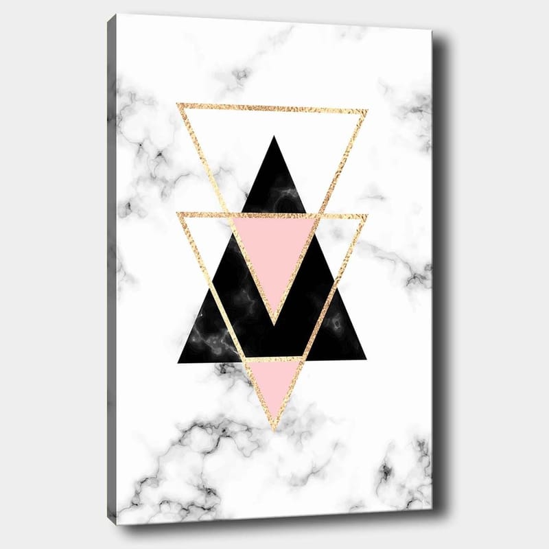 Canvas taulu 70x100 cm - Abstrakti sommitelma eri väreistä ja muodoista koostuvista kolmioista, Musta / Vaaleanpunainen / Kulta