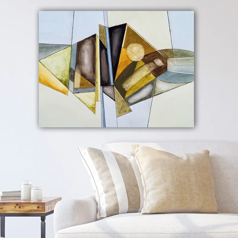 Canvas taulu 70x100 cm - Abstrakti sommitelma geometrisilla muodoilla ja aurinkosymbolilla, Kulta / Vihreä / Ruskea