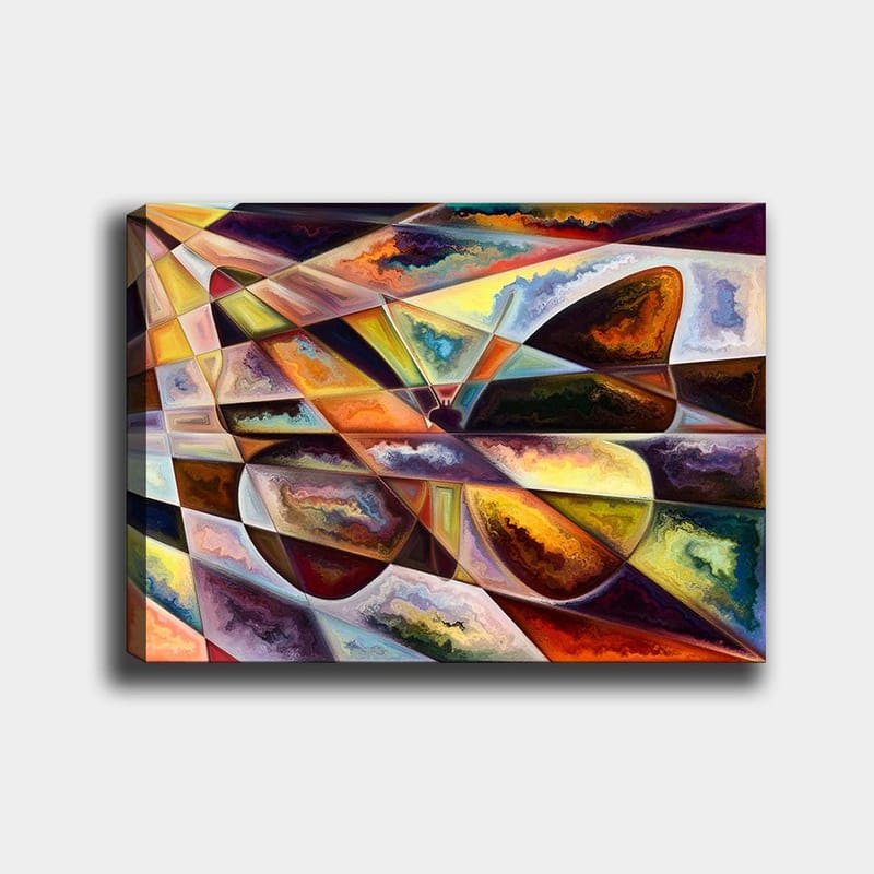 Canvas taulu 70x100 cm - Abstrakti sommitelma geometrisilla muodoilla ja dynaamisilla värisiirtymillä, Kulta / Tummanruskea / Oranssi