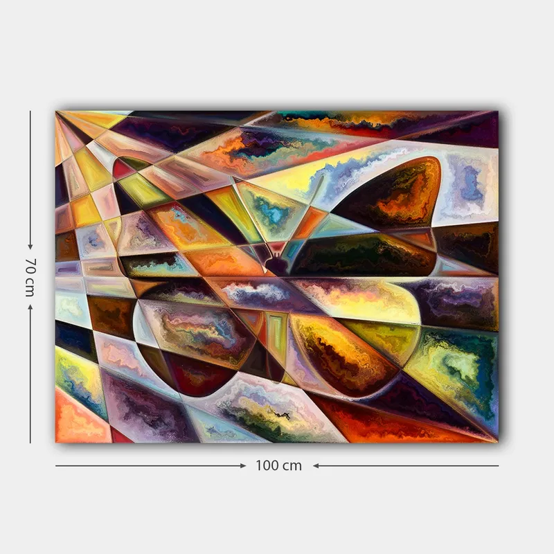 Canvas taulu 70x100 cm - Abstrakti sommitelma geometrisilla muodoilla ja dynaamisilla värisiirtymillä - Kulta / Tummanruskea / Oranssi - Sisustustuotteet - Taulu & taide - Canvas-taulu