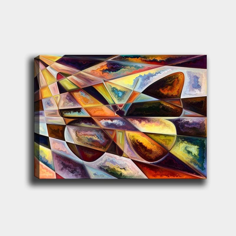 Canvas taulu 70x100 cm - Abstrakti sommitelma geometrisilla muodoilla ja dynaamisilla värisiirtymillä, Kulta / Tummanruskea / Oranssi