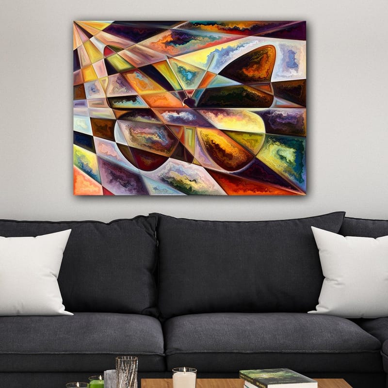 Canvas taulu 70x100 cm - Abstrakti sommitelma geometrisilla muodoilla ja dynaamisilla värisiirtymillä - Kulta / Tummanruskea / Oranssi - Sisustustuotteet - Taulu & taide - Canvas-taulu
