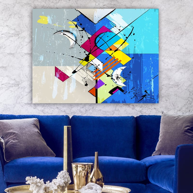 Canvas taulu 70x100 cm - Abstrakti sommitelma geometrisilla muodoilla ja dynaamisilla viivoilla - Sininen / Vaaleanpunainen / Keltainen - Sisustustuotteet - Taulu & taide - Canvas-taulu