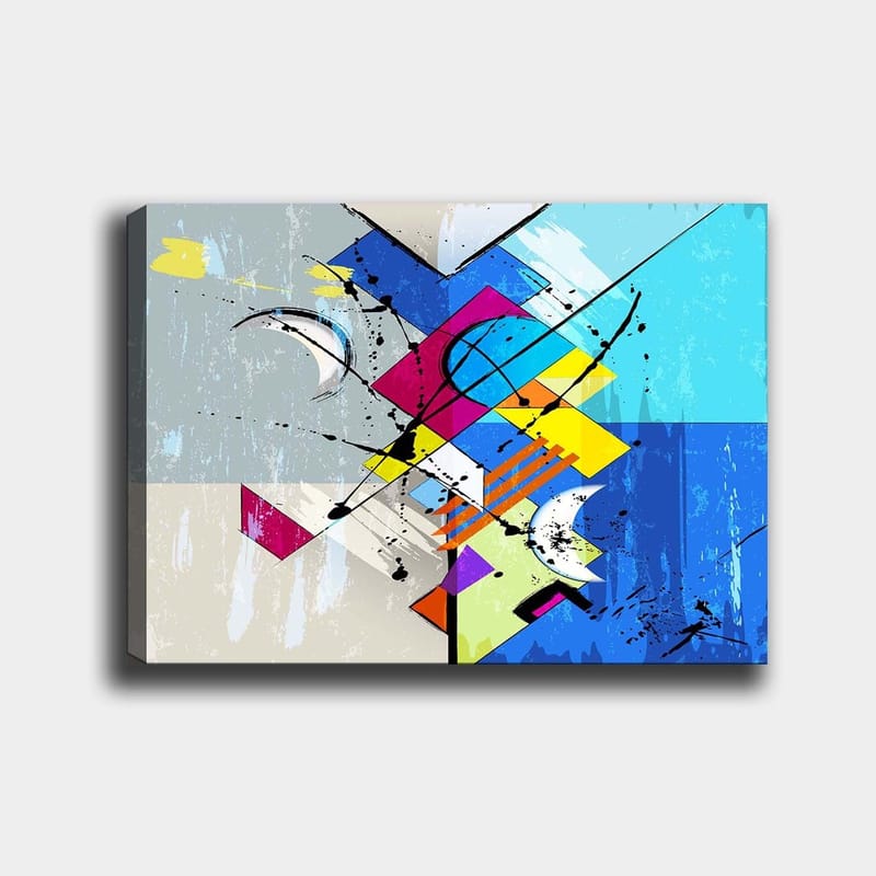 Canvas taulu 70x100 cm - Abstrakti sommitelma geometrisilla muodoilla ja dynaamisilla viivoilla, Sininen / Vaaleanpunainen / Keltainen