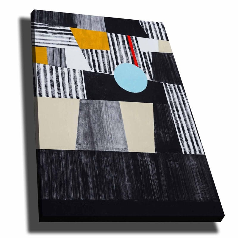 Canvas taulu 70x100 cm - Abstrakti sommitelma geometrisilla muodoilla ja keskellä olevalla ympyrällä, Musta / Vaaleansininen / Kulta