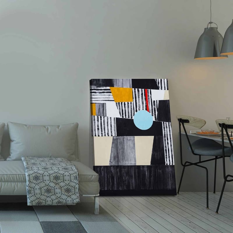 Canvas taulu 70x100 cm - Abstrakti sommitelma geometrisilla muodoilla ja keskellä olevalla ympyrällä - Musta / Vaaleansininen / Kulta - Sisustustuotteet - Taulu & taide - Canvas-taulu