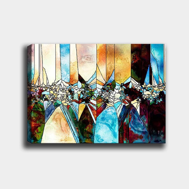 Canvas taulu 70x100 cm - Abstrakti sommitelma geometrisilla muodoilla ja kukka-aiheilla kirkkaissa väreissä, Sininen / Vihreä / Oranssi