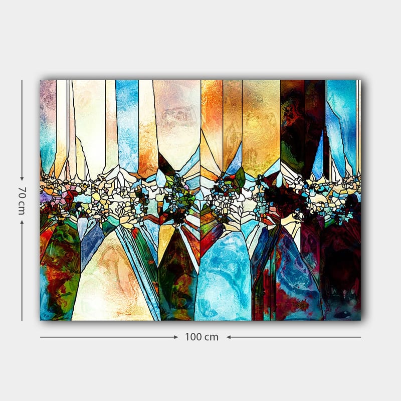 Canvas taulu 70x100 cm - Abstrakti sommitelma geometrisilla muodoilla ja kukka-aiheilla kirkkaissa väreissä - Sininen / Vihreä / Oranssi - Sisustustuotteet - Taulu & taide - Canvas-taulu