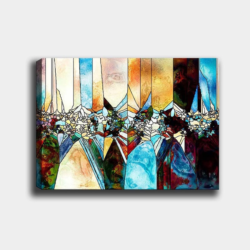 Canvas taulu 70x100 cm - Abstrakti sommitelma geometrisilla muodoilla ja kukka-aiheilla kirkkaissa väreissä, Sininen / Vihreä / Oranssi