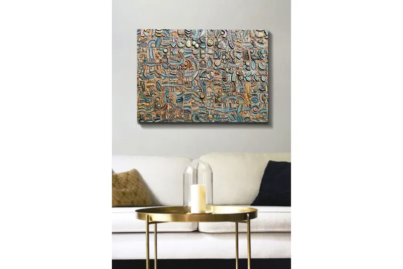 Canvas taulu 70x100 cm - Abstrakti sommitelma geometrisilla muodoilla ja kuvioilla eri sävyissä, Sininen / Pronssi / Musta