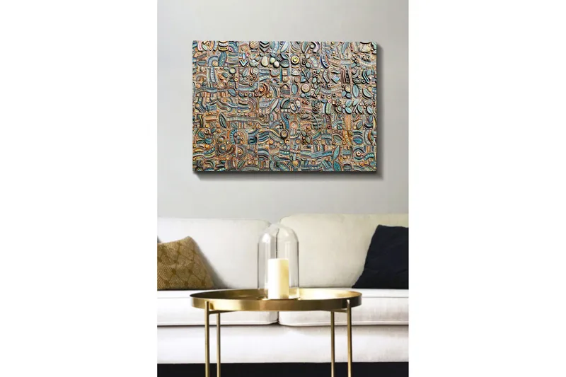 Canvas taulu 70x100 cm - Abstrakti sommitelma geometrisilla muodoilla ja kuvioilla eri sävyissä, Sininen / Pronssi / Musta