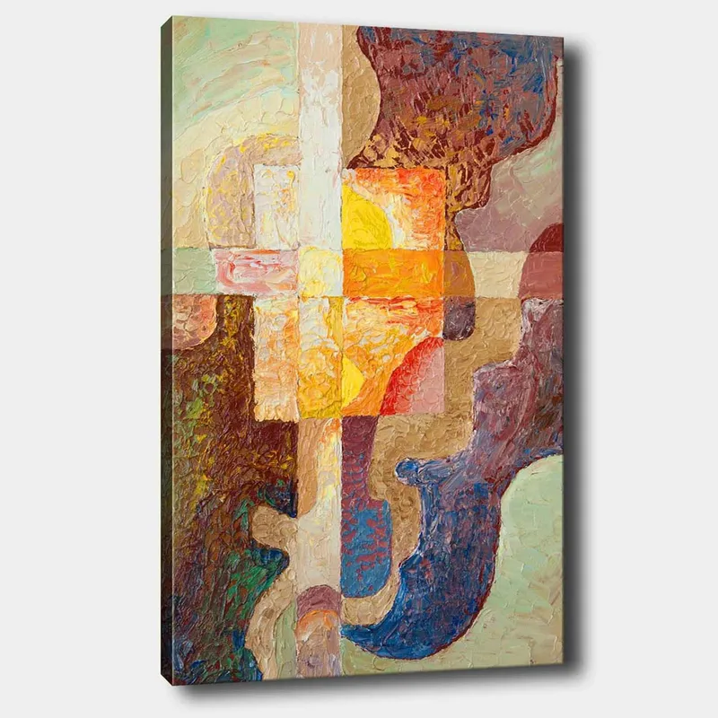 Canvas taulu 70x100 cm - Abstrakti sommitelma geometrisilla muodoilla ja lämpimillä väreillä, jotka luovat dynaamisen tunnelman, Tummanruskea / Oranssi / Violetti