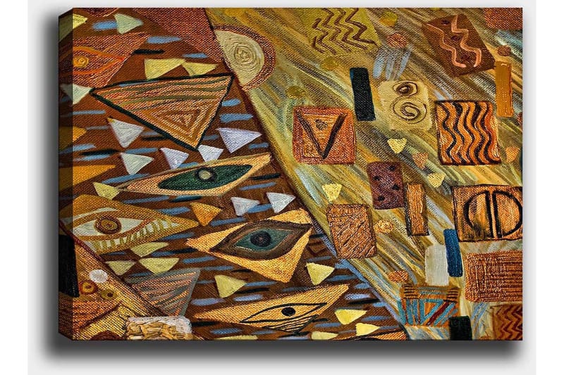 Canvas taulu 70x100 cm - Abstrakti sommitelma geometrisilla muodoilla ja silmäaiheilla lämpimissä maanläheisissä sävyissä - Kulta / Ruskea / Beige - Sisustustuotteet - Taulu & taide - Canvas-taulu