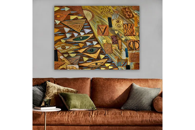 Canvas taulu 70x100 cm - Abstrakti sommitelma geometrisilla muodoilla ja silmäaiheilla lämpimissä maanläheisissä sävyissä, Kulta / Ruskea / Beige