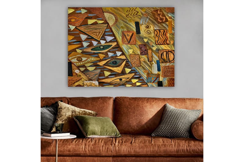 Canvas taulu 70x100 cm - Abstrakti sommitelma geometrisilla muodoilla ja silmäaiheilla lämpimissä maanläheisissä sävyissä, Kulta / Ruskea / Beige