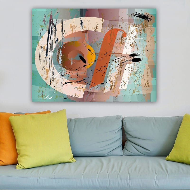 Canvas taulu 70x100 cm - Abstrakti sommitelma geometrisilla muodoilla ja värikkäillä elementeillä - Turkoosi / Oranssi / Beige - Sisustustuotteet - Taulu & taide - Canvas-taulu