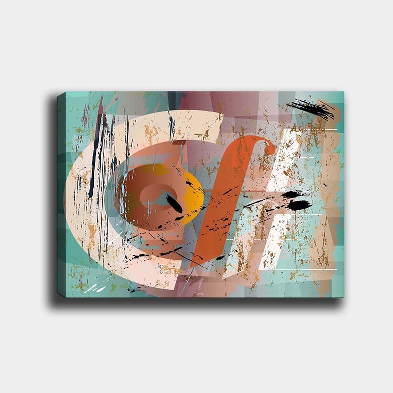 Canvas taulu 70x100 cm - Abstrakti sommitelma geometrisilla muodoilla ja värikkäillä elementeillä, Turkoosi / Oranssi / Beige