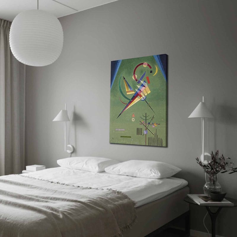 Canvas taulu 70x100 cm - Abstrakti sommitelma geometrisilla muodoilla ja värikkäillä viivoilla, Vihreä / Sininen / Punainen