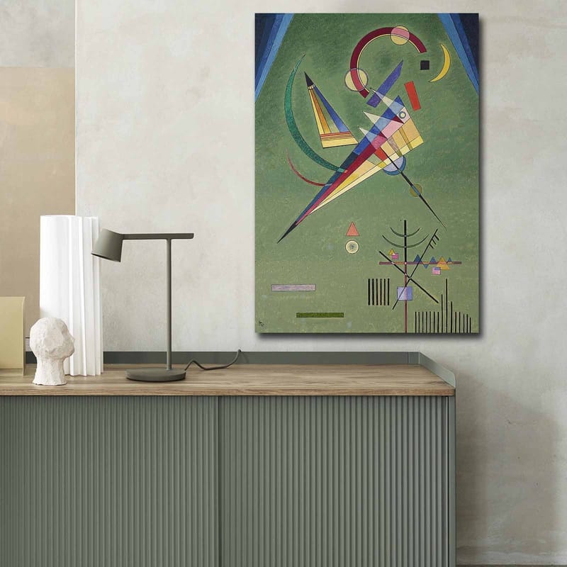 Canvas taulu 70x100 cm - Abstrakti sommitelma geometrisilla muodoilla ja värikkäillä viivoilla - Vihreä / Sininen / Punainen - Sisustustuotteet - Taulu & taide - Canvas-taulu