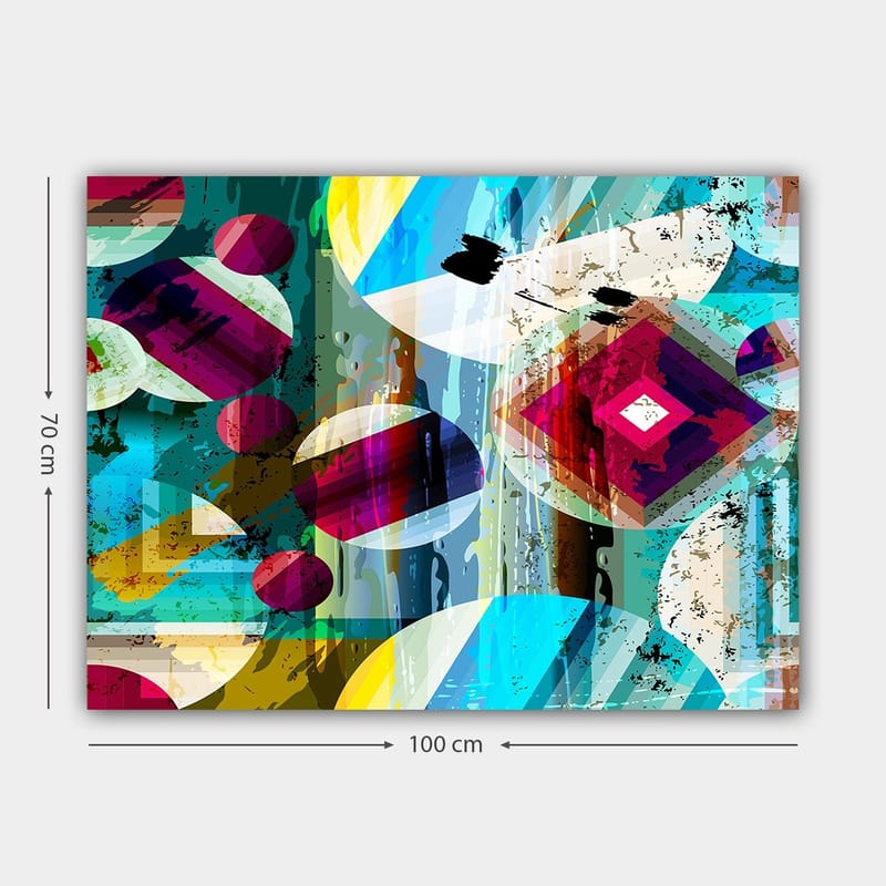 Canvas taulu 70x100 cm - Abstrakti sommitelma geometrisilla muodoilla ja värikkäillä ympyröillä - Turkoosi / Punainen / Keltainen - Sisustustuotteet - Taulu & taide - Canvas-taulu