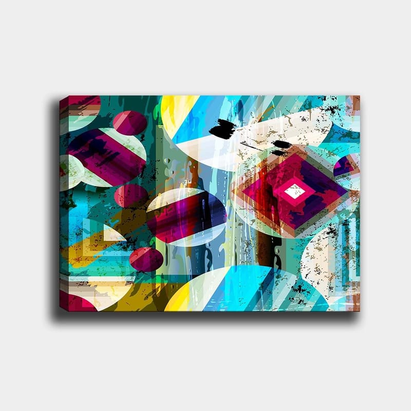 Canvas taulu 70x100 cm - Abstrakti sommitelma geometrisilla muodoilla ja värikkäillä ympyröillä, Turkoosi / Punainen / Keltainen