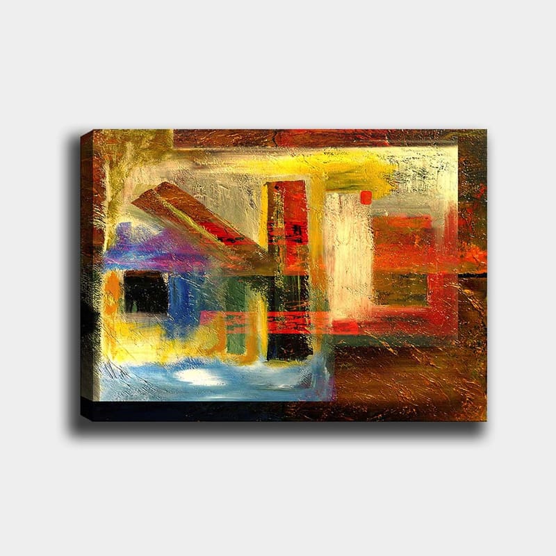 Canvas taulu 70x100 cm - Abstrakti sommitelma geometrisilla muodoilla ja vahvoilla väreillä, Punainen / Kulta / Sininen