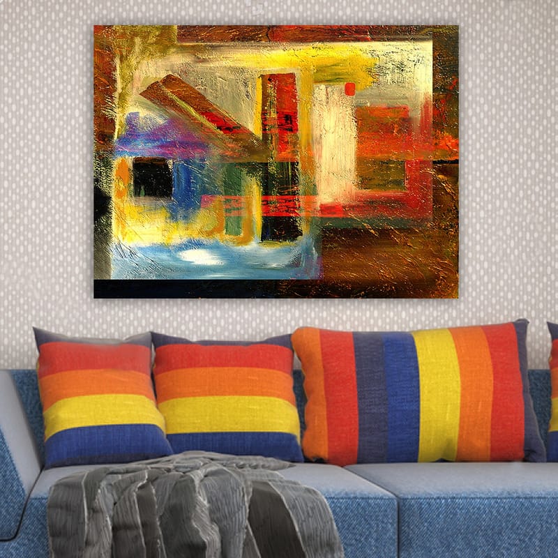 Canvas taulu 70x100 cm - Abstrakti sommitelma geometrisilla muodoilla ja vahvoilla väreillä - Punainen / Kulta / Sininen - Sisustustuotteet - Taulu & taide - Canvas-taulu