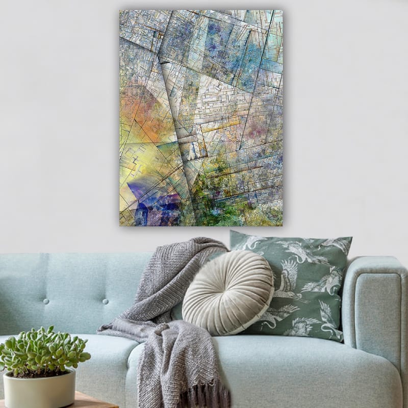 Canvas taulu 70x100 cm - Abstrakti sommitelma geometrisilla muodoilla ja pehmeillä värisiirtymillä - Sininen / Vihreä / Keltainen - Sisustustuotteet - Taulu & taide - Canvas-taulu