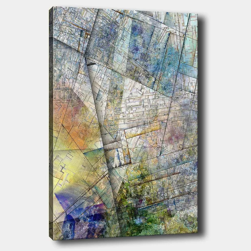 Canvas taulu 70x100 cm - Abstrakti sommitelma geometrisilla muodoilla ja pehmeillä värisiirtymillä, Sininen / Vihreä / Keltainen